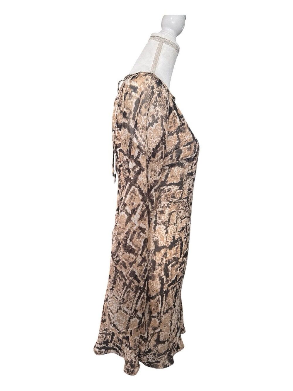 B. Darlin Snake Print Bell Sleeve Mini Dress Open Back Tie Neutral NWT Size 3/4 - Picture 5 of 9
